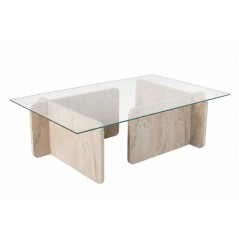 Table basse - FLAVIO - Travertine - Rectangulaire - Verre trempé et p