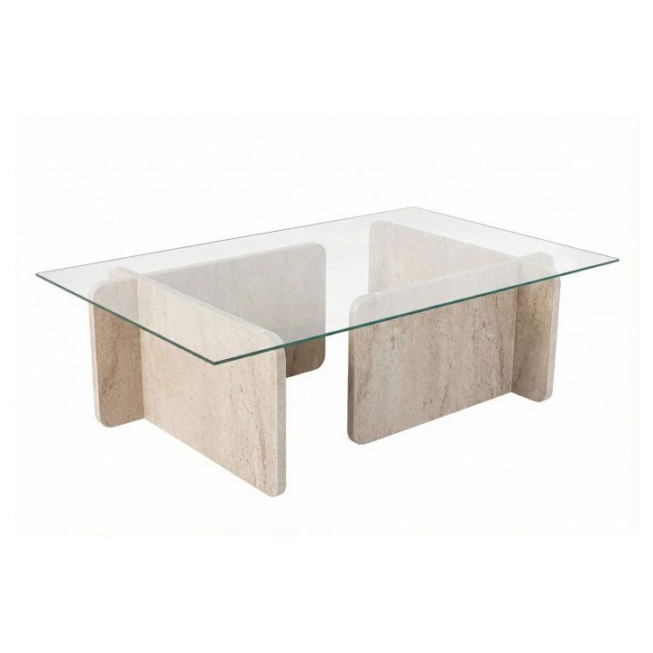 Table basse - FLAVIO - Travertine - Rectangulaire - Verre trempé et panneaux de particules - Style élégant - 105x65x30 cm