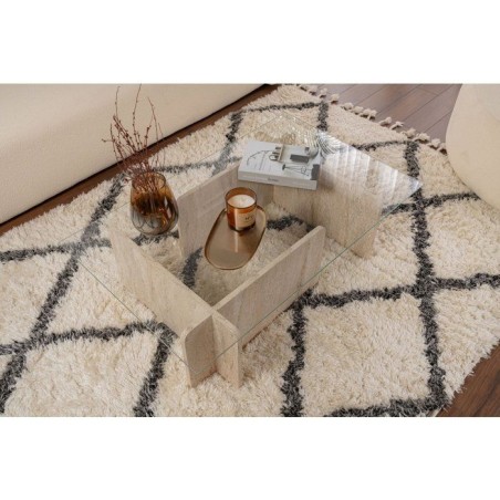 Table basse - FLAVIO - Travertine - Rectangulaire - Verre trempé et panneaux de particules - Style élégant - 105x65x30 cm