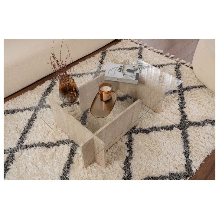 Table basse - FLAVIO - Travertine - Rectangulaire - Verre trempé et panneaux de particules - Style élégant - 105x65x30 cm