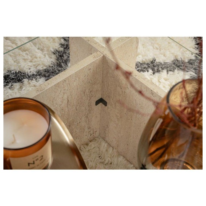 Table basse - FLAVIO - Travertine - Rectangulaire - Verre trempé et panneaux de particules - Style élégant - 105x65x30 cm