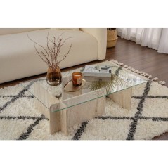 Table basse - FLAVIO - Travertine - Rectangulaire - Verre trempé et p