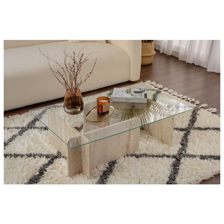 Table basse - FLAVIO - Travertine - Rectangulaire - Verre trempé et panneaux de particules - Style élégant - 105x65x30 cm