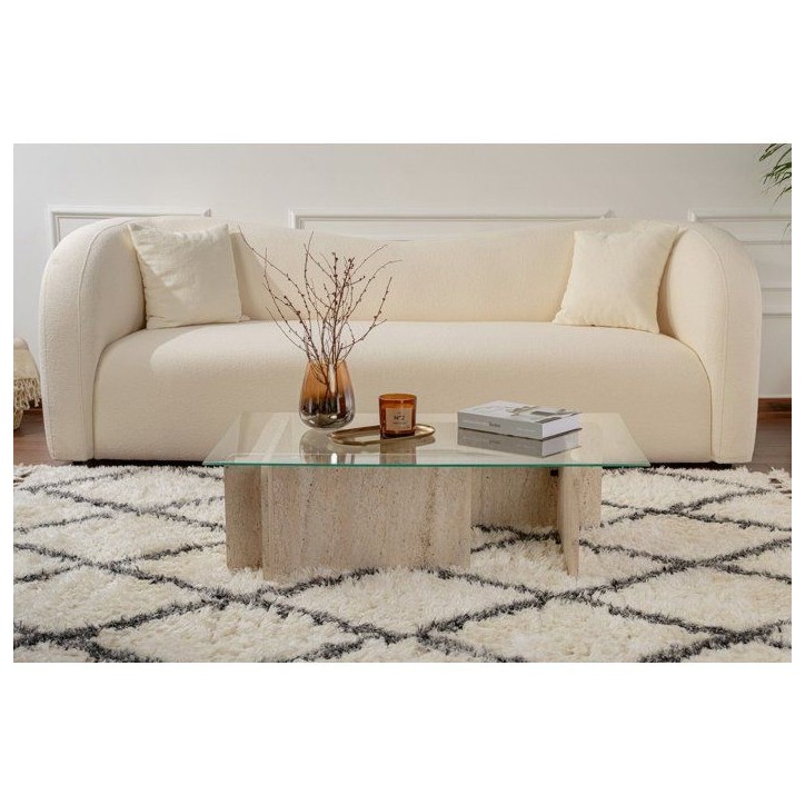 Table basse - FLAVIO - Travertine - Rectangulaire - Verre trempé et panneaux de particules - Style élégant - 105x65x30 cm