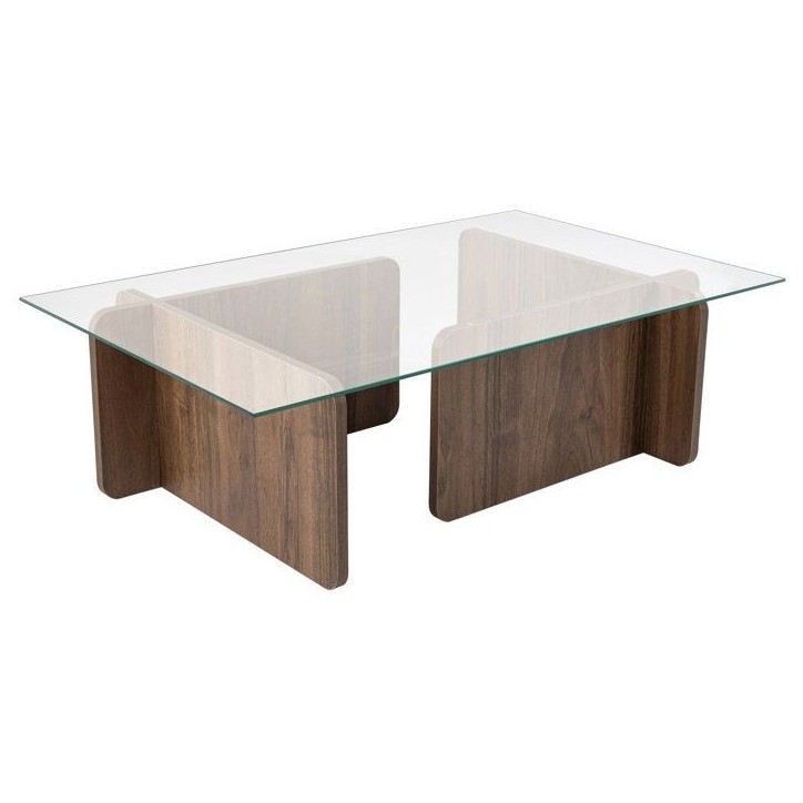Table basse - FLAVIO - Venezia Walnut - Rectangulaire - Verre trempé et panneaux de particules - Style moderne - 105x65x30 cm