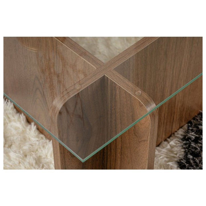 Table basse - FLAVIO - Venezia Walnut - Rectangulaire - Verre trempé et panneaux de particules - Style moderne - 105x65x30 cm