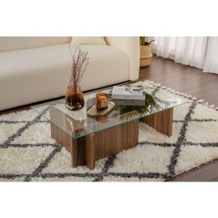 Table basse - FLAVIO - Venezia Walnut - Rectangulaire - Verre trempé