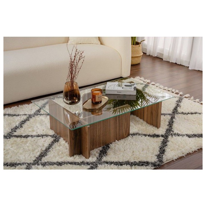 Table basse - FLAVIO - Venezia Walnut - Rectangulaire - Verre trempé et panneaux de particules - Style moderne - 105x65x30 cm