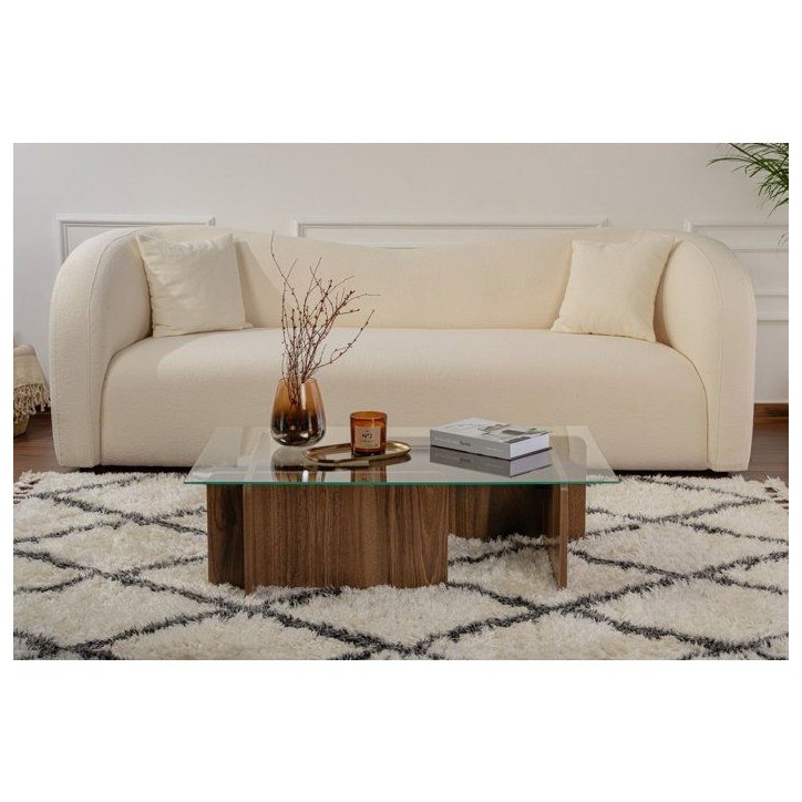 Table basse - FLAVIO - Venezia Walnut - Rectangulaire - Verre trempé et panneaux de particules - Style moderne - 105x65x30 cm