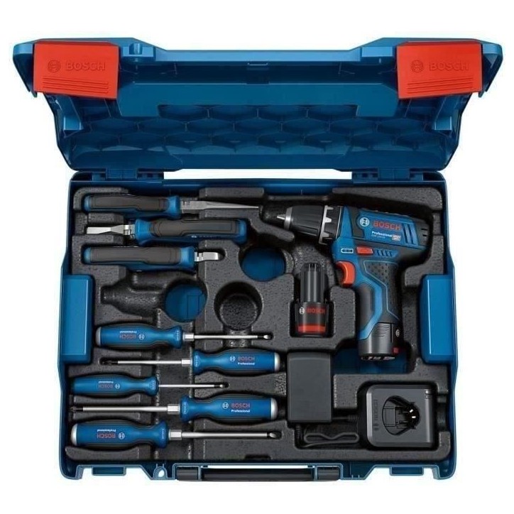 Perceuse-visseuse Bosch Professional GSR 12V-15 + outillage a main + 2 batteries 2.0Ah + Chargeur GAL 12V-20 - 060186810R Perceuse-visseuse Bosch Professional GSR 12V-15 + outillage a main + 2 batteries 2.0Ah + Chargeur GAL 12V-20 - 060186810R