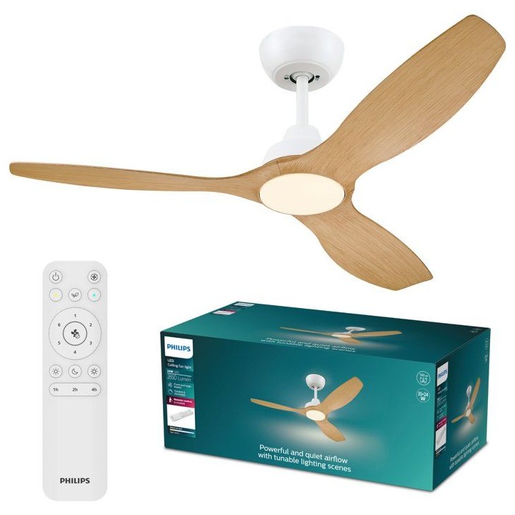 Ventilateur de plafond - Philips - Olas - Pales fixes - Diametre 132 cm - Blanc/Bois - LED intégrée + télécommande Ventilateur de plafond - Philips - Olas - Pales fixes - Diametre 132 cm - Blanc/Bois - LED intégrée + télécommande