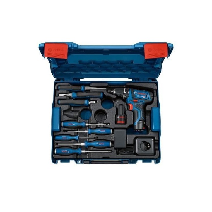 Perceuse-visseuse Bosch Professional GSR 12V-15 + outillage a main + 2 batteries 2.0Ah + Chargeur GAL 12V-20 - 060186810R Perceuse-visseuse Bosch Professional GSR 12V-15 + outillage a main + 2 batteries 2.0Ah + Chargeur GAL 12V-20 - 060186810R