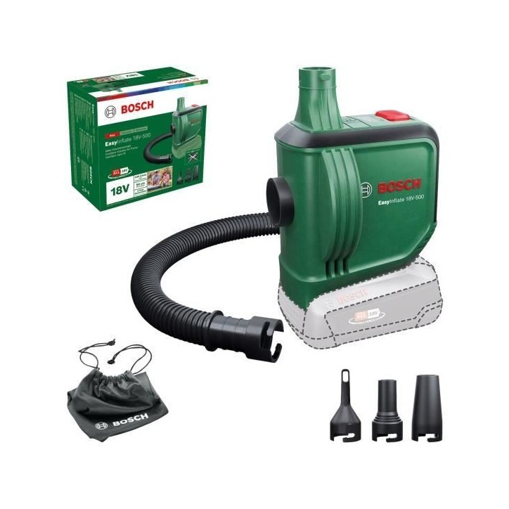 gonfleur sans fil BOSCH Easyinflate 18V-500 livré avec 3 buses a air, tuyau 50 cm, sac textile sans batterie ni chargeur 060394 gonfleur sans fil BOSCH Easyinflate 18V-500 livré avec 3 buses a air, tuyau 50 cm, sac textile sans batterie ni chargeur 060394