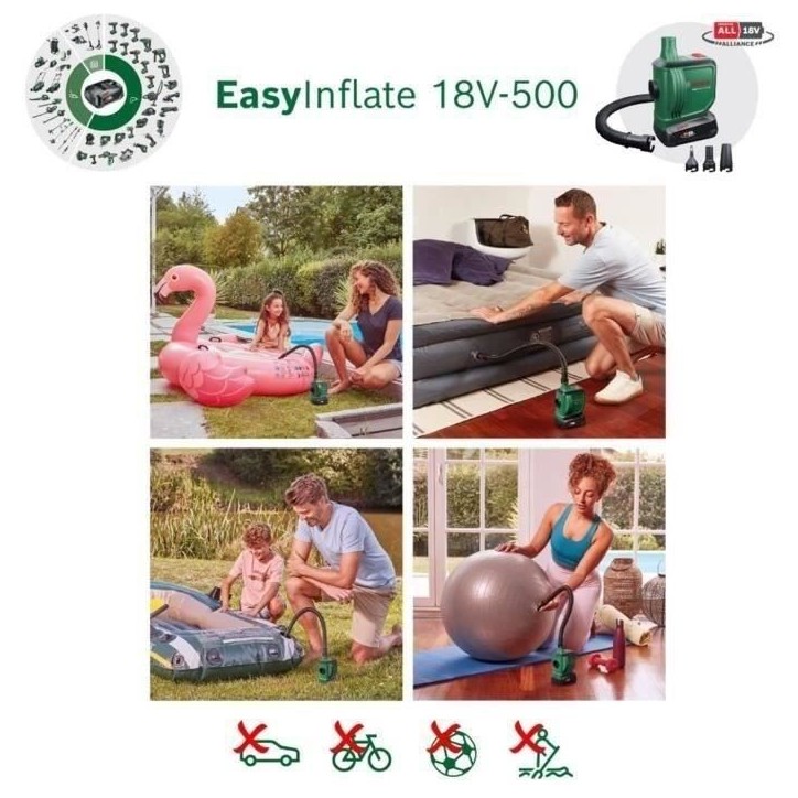 gonfleur sans fil BOSCH Easyinflate 18V-500 livré avec 3 buses a air, tuyau 50 cm, sac textile sans batterie ni chargeur 060394 gonfleur sans fil BOSCH Easyinflate 18V-500 livré avec 3 buses a air, tuyau 50 cm, sac textile sans batterie ni chargeur 060394