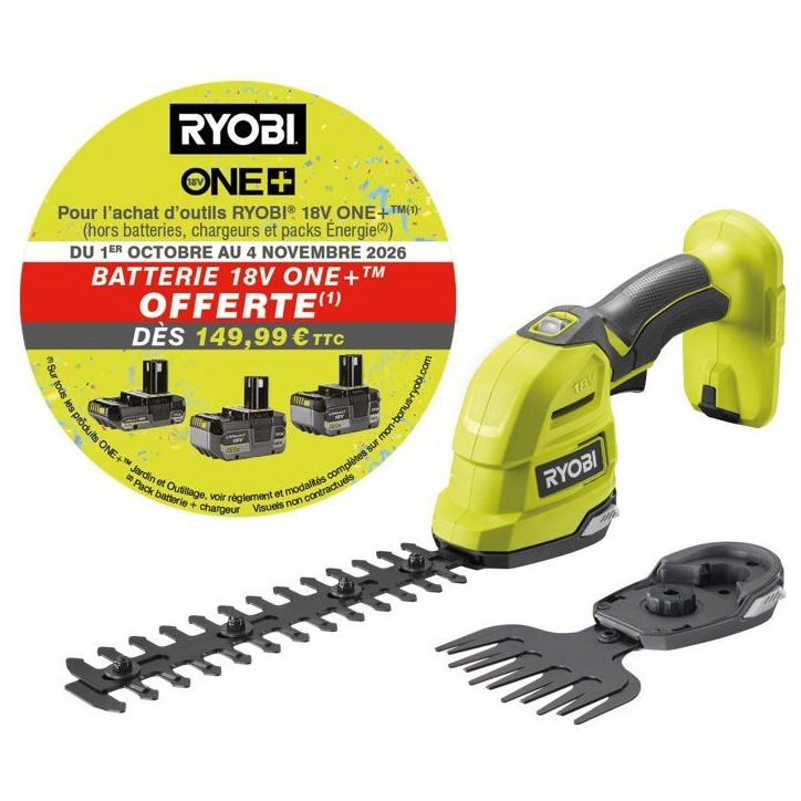 Cisaille a gazon et sculpteur de végétaux - RYOBI - RY18GSA-0 - 18V - Sans batterie ni chargeur Cisaille a gazon et sculpteur de végétaux - RYOBI - RY18GSA-0 - 18V - Sans batterie ni chargeur