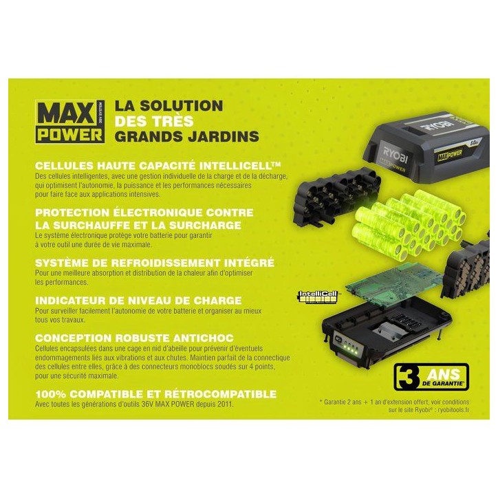 Kit batterie et chargeur - RYOBI - RY36BK60B-160 - Lithium+ 36V - Batterie 6,0Ah - Chargeur inclus Kit batterie et chargeur - RYOBI - RY36BK60B-160 - Lithium+ 36V - Batterie 6,0Ah - Chargeur inclus
