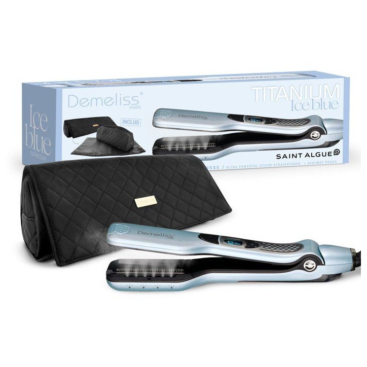 Lisseur vapeur - SAINT ALGUE - Demeliss Titanium Ice Blue 26 - Plaques Titanium - Fonction vapeur - Trousse incluse Lisseur vapeur - SAINT ALGUE - Demeliss Titanium Ice Blue 26 - Plaques Titanium - Fonction vapeur - Trousse incluse