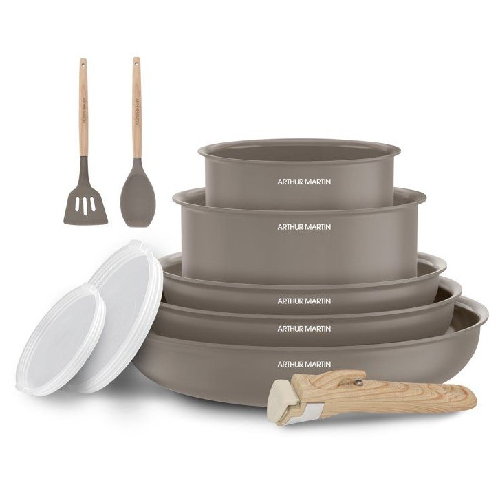 Batterie de cuisine - Tous feux dont induction - ARTHUR MARTIN – Revetement céramique - 10 pieces - Poignée amovible - Taupe Batterie de cuisine - Tous feux dont induction - ARTHUR MARTIN – Revetement céramique - 10 pieces - Poignée amovible - Taupe