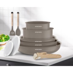 Batterie de cuisine - Tous feux dont induction - ARTHUR MARTIN – Revetement céramique - 10 pieces - Poignée amovible - Taupe