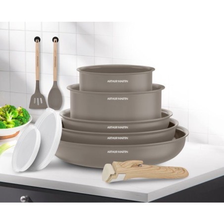 Batterie de cuisine - Tous feux dont induction - ARTHUR MARTIN – Revetement céramique - 10 pieces - Poignée amovible - Taupe