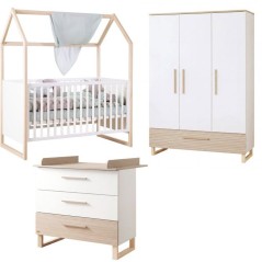 Chambre bébé complete - ROBA - Noah - Lit cododo 70x140 + Commode a langer + Armoire 3 portes - Blanc/Chene