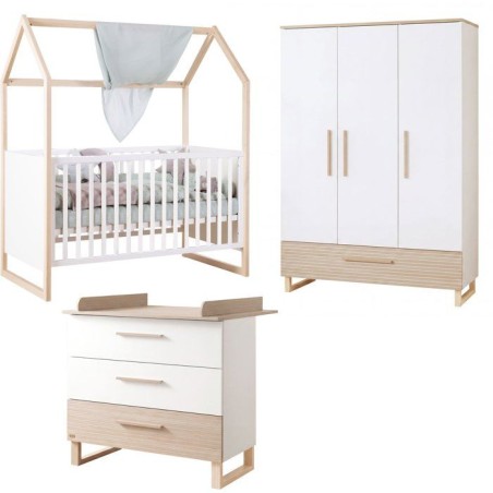 Chambre bébé complete - ROBA - Noah - Lit cododo 70x140 + Commode a langer + Armoire 3 portes - Blanc/Chene
