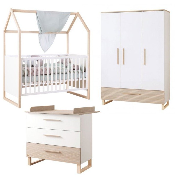 Chambre bébé complete - ROBA - Noah - Lit cododo 70x140 + Commode a langer + Armoire 3 portes - Blanc/Chene