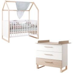 Chambre bébé duo - ROBA - Noah - Lit cododo 70x140 + Commode a langer évolutive - Blanc/Chene