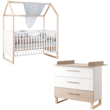 Chambre bébé duo - ROBA - Noah - Lit cododo 70x140 + Commode a langer évolutive - Blanc/Chene