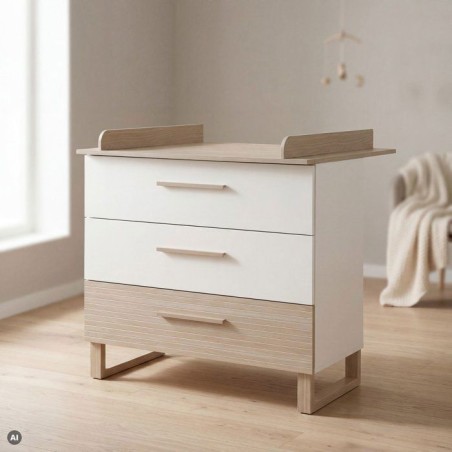 Commode a langer - ROBA - Noah - 3 tiroirs a sortie totale - Plan a langer amovible - Blanc / Chene