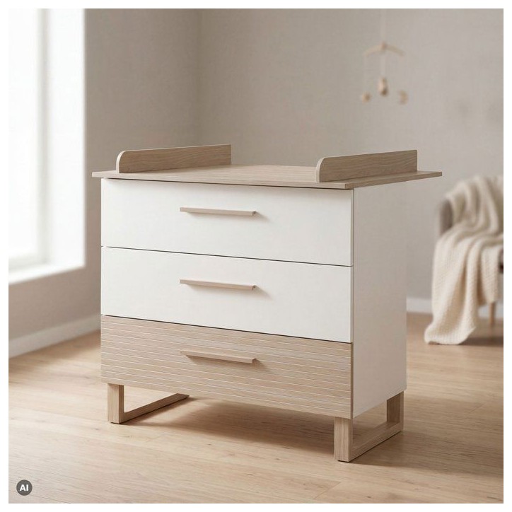 Commode a langer - ROBA - Noah - 3 tiroirs a sortie totale - Plan a langer amovible - Blanc / Chene Commode a langer - ROBA - Noah - 3 tiroirs a sortie totale - Plan a langer amovible - Blanc / Chene