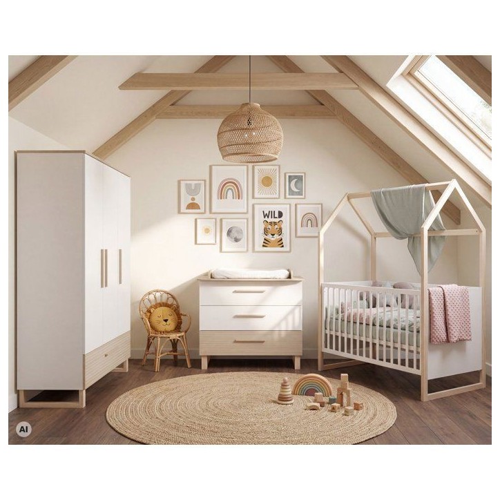 Commode a langer - ROBA - Noah - 3 tiroirs a sortie totale - Plan a langer amovible - Blanc / Chene Commode a langer - ROBA - Noah - 3 tiroirs a sortie totale - Plan a langer amovible - Blanc / Chene
