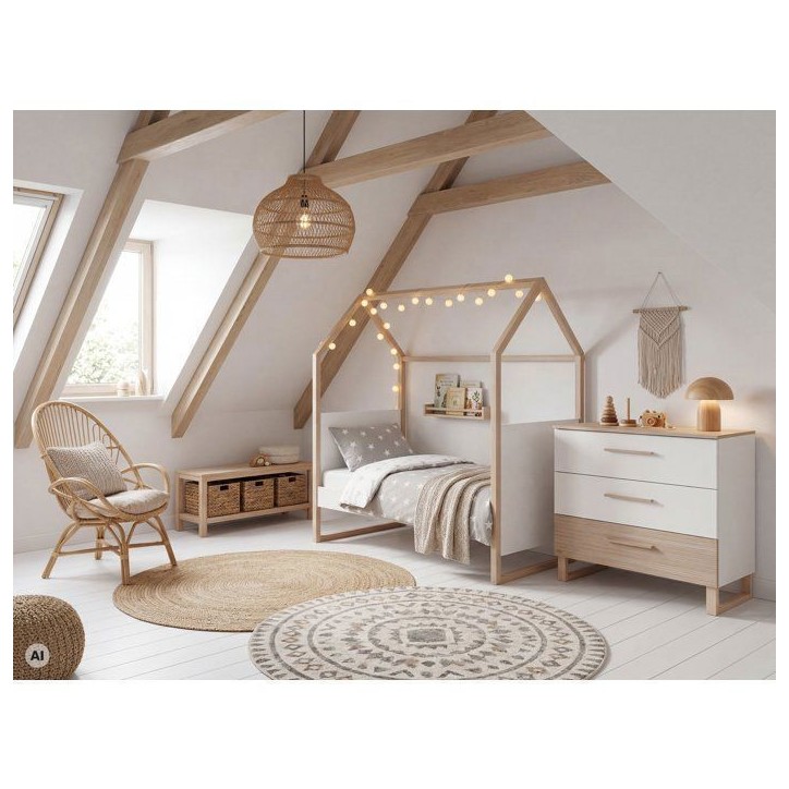 Commode a langer - ROBA - Noah - 3 tiroirs a sortie totale - Plan a langer amovible - Blanc / Chene Commode a langer - ROBA - Noah - 3 tiroirs a sortie totale - Plan a langer amovible - Blanc / Chene