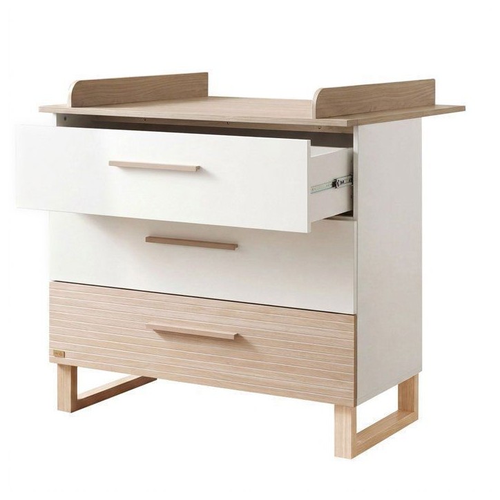 Commode a langer - ROBA - Noah - 3 tiroirs a sortie totale - Plan a langer amovible - Blanc / Chene Commode a langer - ROBA - Noah - 3 tiroirs a sortie totale - Plan a langer amovible - Blanc / Chene
