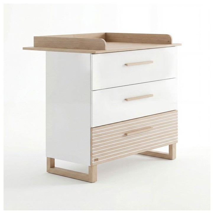 Commode a langer - ROBA - Noah - 3 tiroirs a sortie totale - Plan a langer amovible - Blanc / Chene Commode a langer - ROBA - Noah - 3 tiroirs a sortie totale - Plan a langer amovible - Blanc / Chene