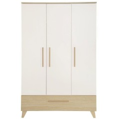 Armoire enfant 3 portes - ROBA - Theo - Bois massif - Blanc / Chene -