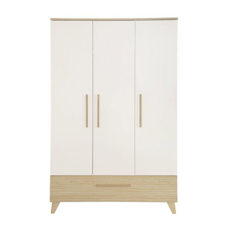 Armoire enfant 3 portes - ROBA - Theo - Bois massif - Blanc / Chene -