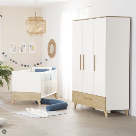 Armoire enfant 3 portes - ROBA - Theo - Bois massif - Blanc / Chene - 3 portes - H 190 cm