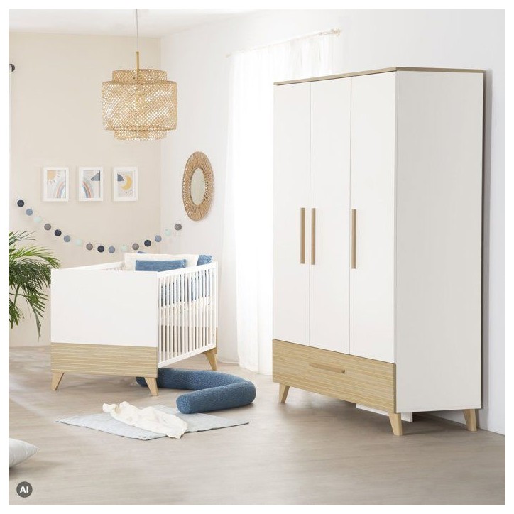 Armoire enfant 3 portes - ROBA - Theo - Bois massif - Blanc / Chene - 3 portes - H 190 cm Armoire enfant 3 portes - ROBA - Theo - Bois massif - Blanc / Chene - 3 portes - H 190 cm