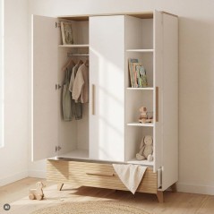Armoire enfant 3 portes - ROBA - Theo - Bois massif - Blanc / Chene -