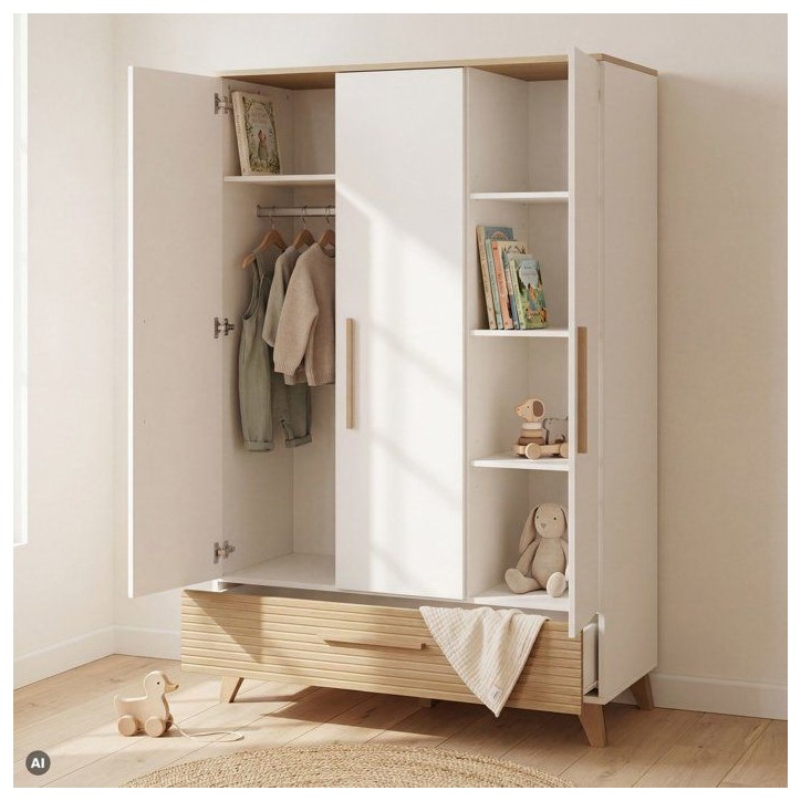 Armoire enfant 3 portes - ROBA - Theo - Bois massif - Blanc / Chene - 3 portes - H 190 cm Armoire enfant 3 portes - ROBA - Theo - Bois massif - Blanc / Chene - 3 portes - H 190 cm