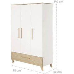 Armoire enfant 3 portes - ROBA - Theo - Bois massif - Blanc / Chene -