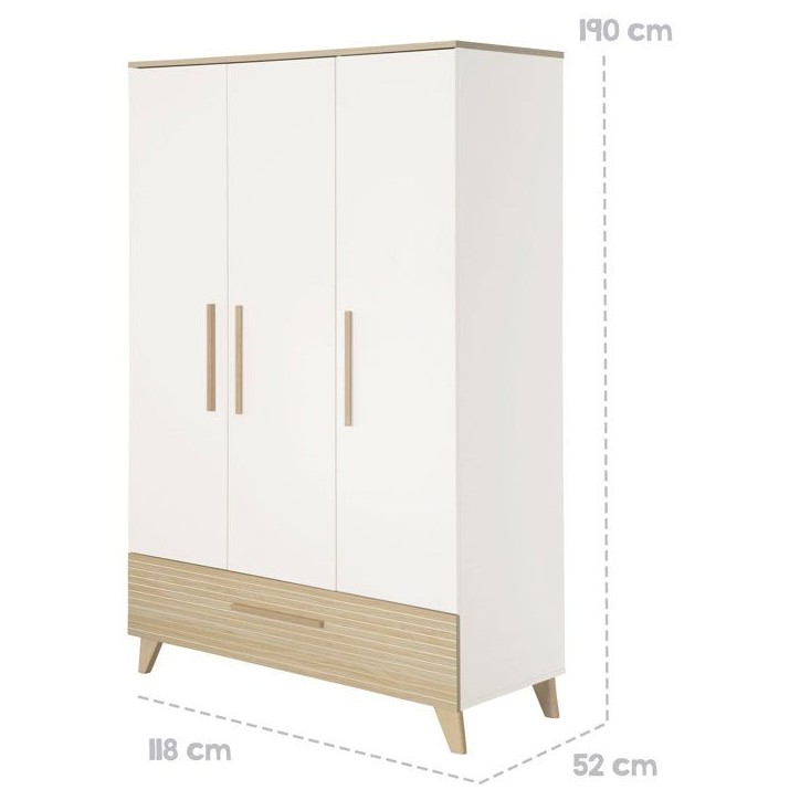 Armoire enfant 3 portes - ROBA - Theo - Bois massif - Blanc / Chene - 3 portes - H 190 cm Armoire enfant 3 portes - ROBA - Theo - Bois massif - Blanc / Chene - 3 portes - H 190 cm