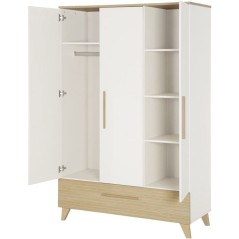 Armoire enfant 3 portes - ROBA - Theo - Bois massif - Blanc / Chene -