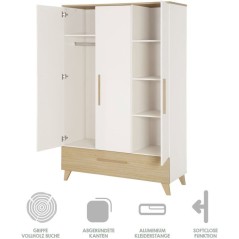 Armoire enfant 3 portes - ROBA - Theo - Bois massif - Blanc / Chene -