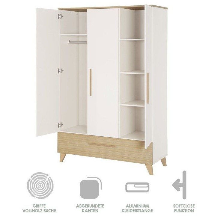Armoire enfant 3 portes - ROBA - Theo - Bois massif - Blanc / Chene - 3 portes - H 190 cm Armoire enfant 3 portes - ROBA - Theo - Bois massif - Blanc / Chene - 3 portes - H 190 cm
