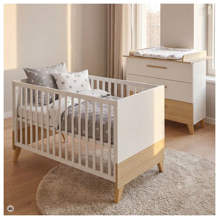 Chambre bébé duo - ROBA - Theo - Lit évolutif 70x140 + Commode a langer évolutive - Blanc/Chene