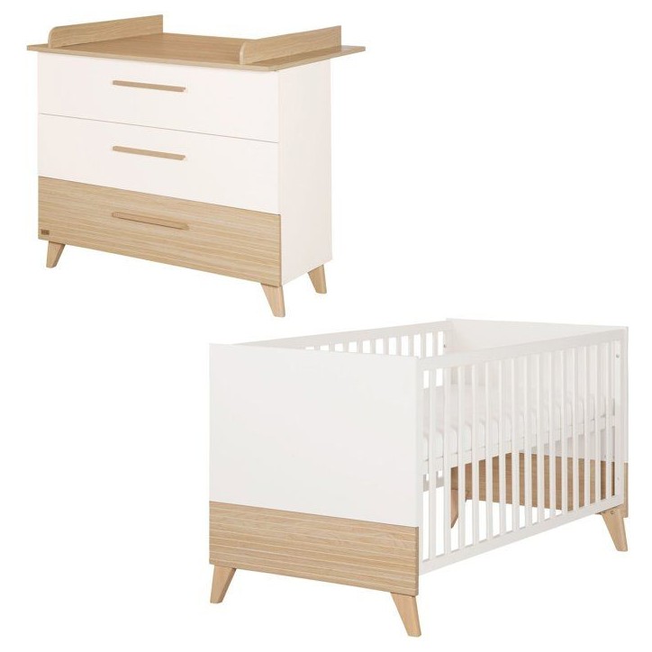 Chambre bébé duo - ROBA - Theo - Lit évolutif 70x140 + Commode a langer évolutive - Blanc/Chene