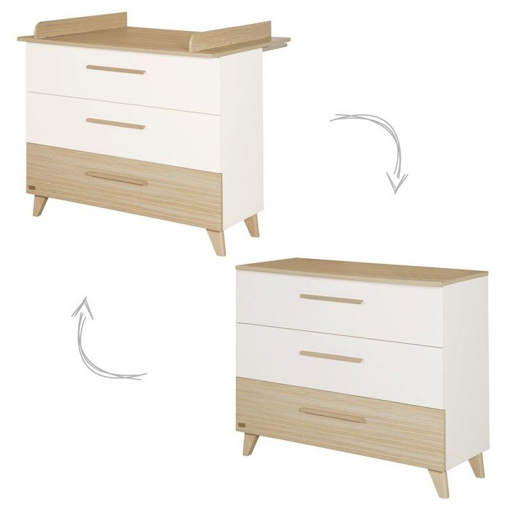 Chambre bébé duo - ROBA - Theo - Lit évolutif 70x140 + Commode a langer évolutive - Blanc/Chene