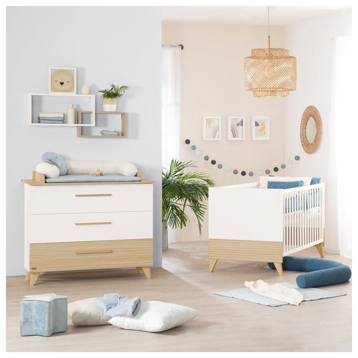 Commode a langer - ROBA - Theo - 3 tiroirs - Plan amovible - Blanc / Chene